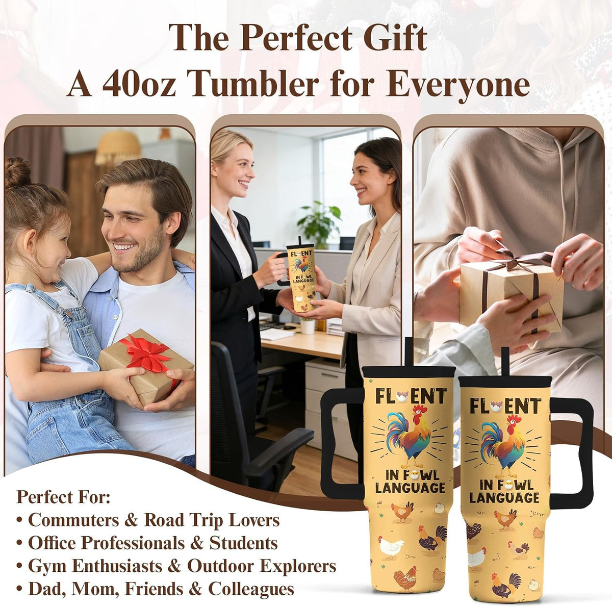 Elephant Tumbler 40oz with Handle and Straw - Funny White Elephant Gifts for Women Men, Office Christmas Gift for Coworkers, Insulated Travel Mug, Cute Elephant Cup