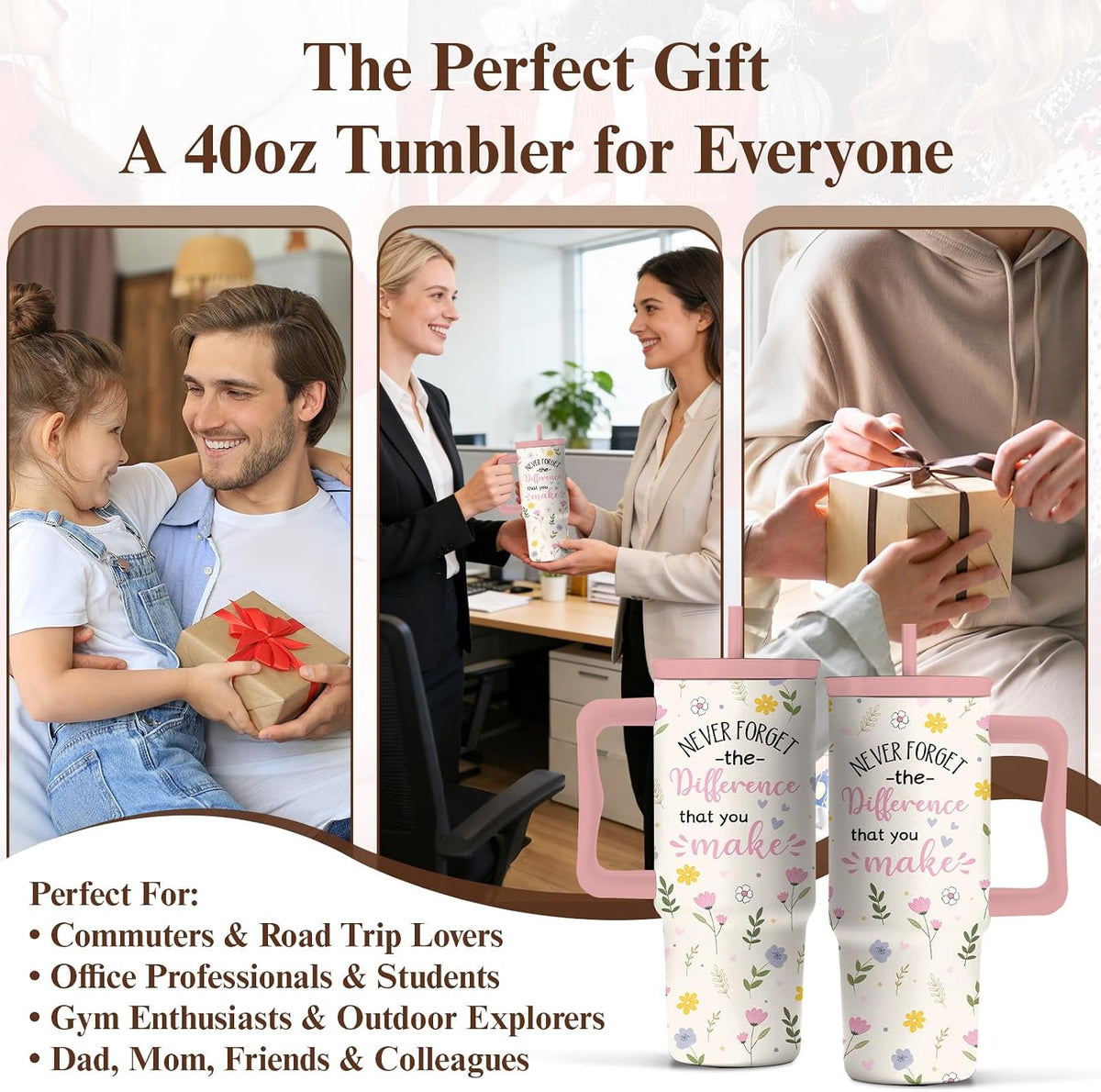 Elephant Tumbler 40oz with Handle and Straw - Funny White Elephant Gifts for Women Men, Office Christmas Gift for Coworkers, Insulated Travel Mug, Cute Elephant Cup