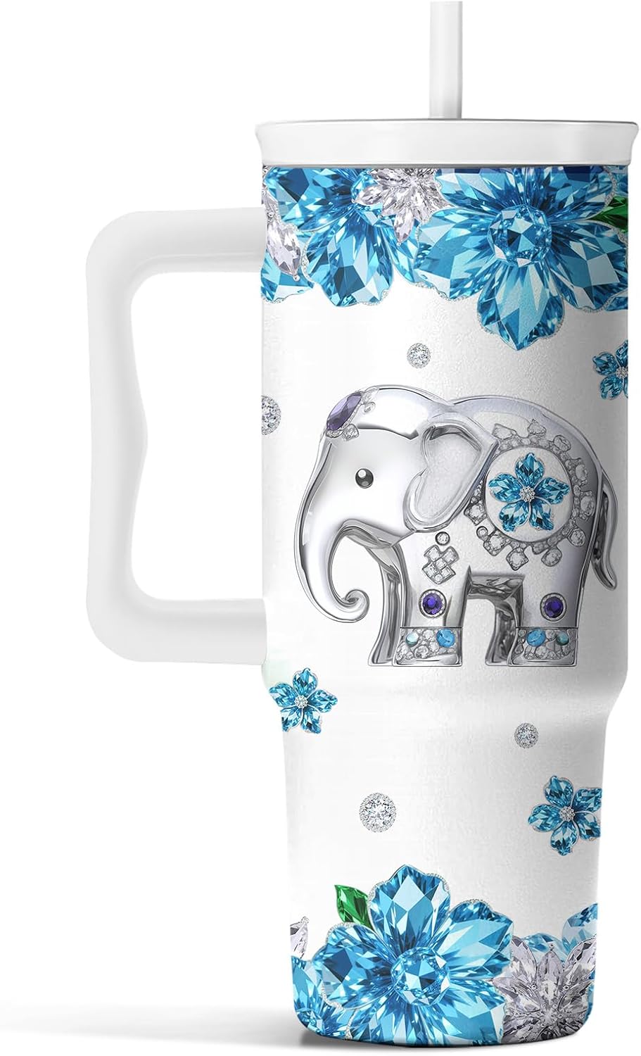 Elephant Tumbler 40oz with Handle and Straw - Funny White Elephant Gifts for Women Men, Office Christmas Gift for Coworkers, Insulated Travel Mug, Cute Elephant Cup