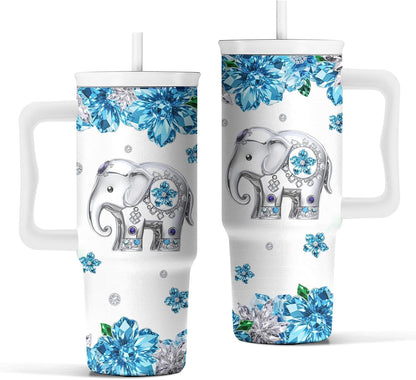 Elephant Tumbler 40oz with Handle and Straw - Funny White Elephant Gifts for Women Men, Office Christmas Gift for Coworkers, Insulated Travel Mug, Cute Elephant Cup