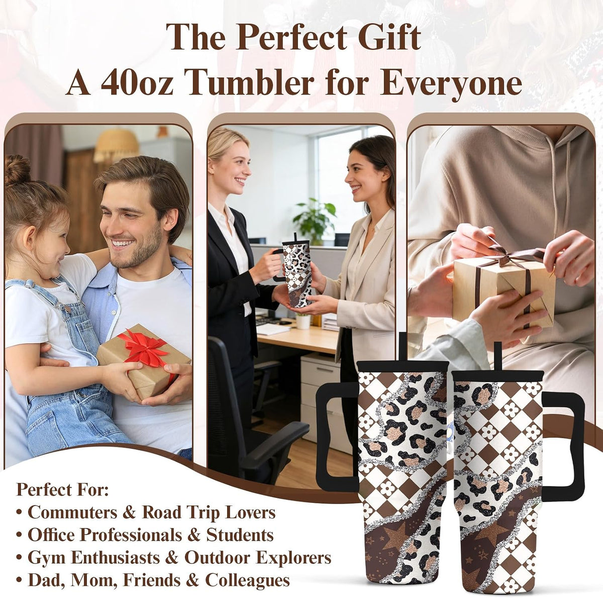 Elephant Tumbler 40oz with Handle and Straw - Funny White Elephant Gifts for Women Men, Office Christmas Gift for Coworkers, Insulated Travel Mug, Cute Elephant Cup