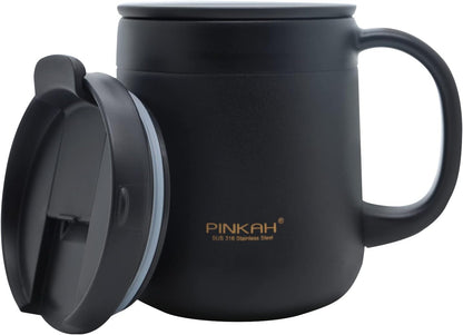 16OZ Stainless Steel Insulated Coffee Mug with Handle and Lid, Double Wall Vacuum Coffee Tumbler Thermal Cup with 2 Lids