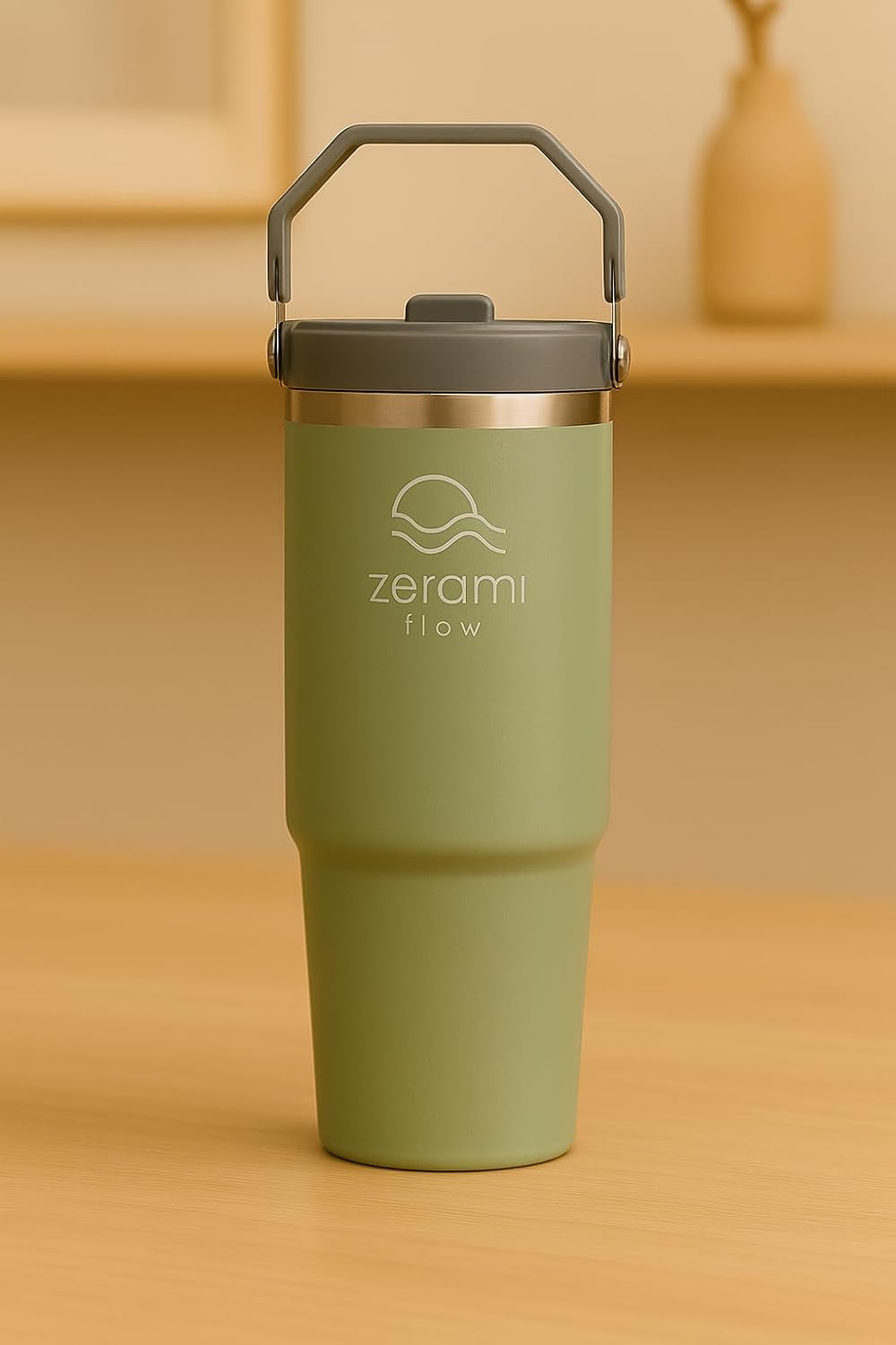30 oz Tumbler with Handle & Flip Straw Lid – Cupholder-Friendly Insulated Stainless Steel Travel Mug, Leak-Resistant Twist Lid, Double Wall Vacuum, BPA-Free, Fits Car Cup Holder (Green)