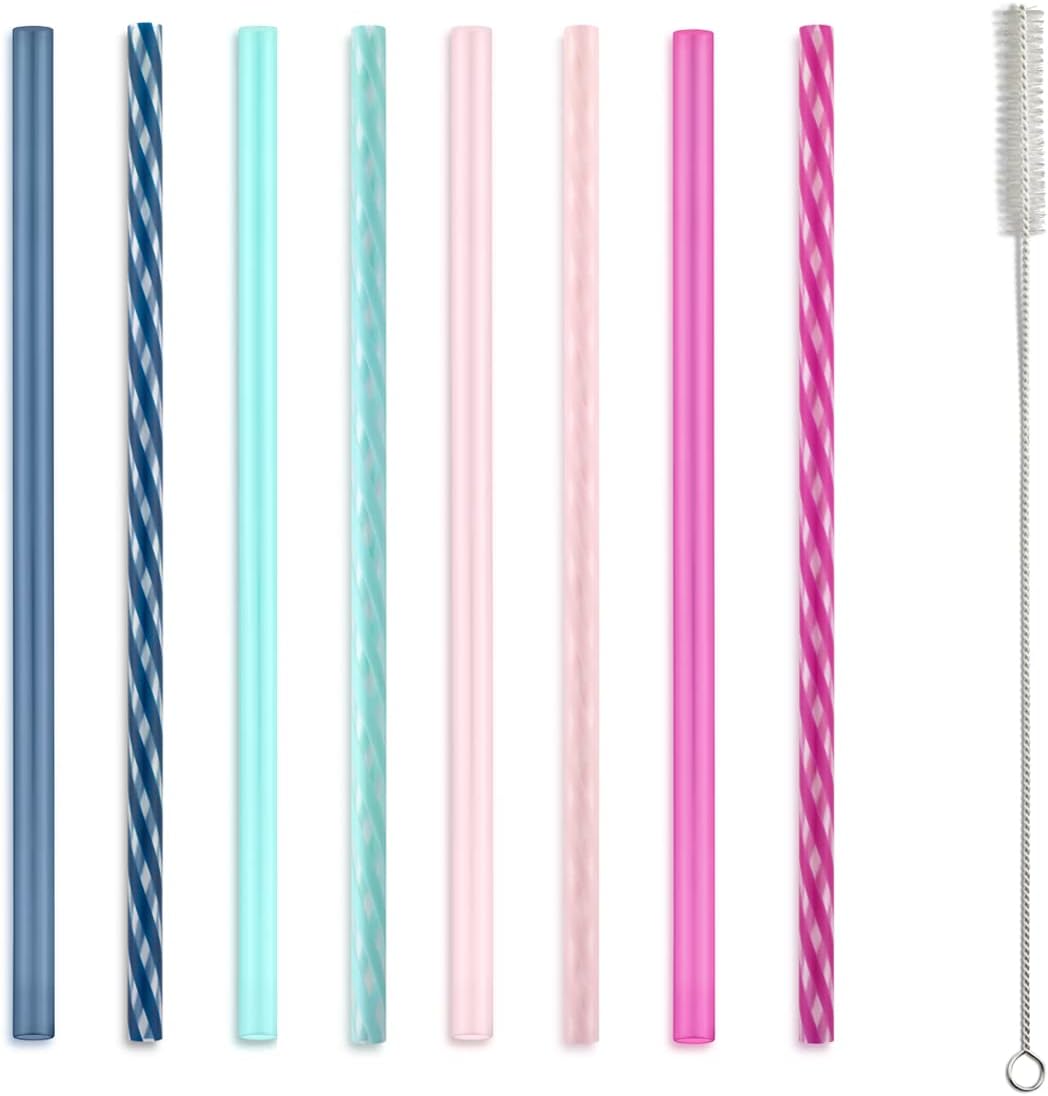Impact 8 Pack Reusable Plastic Straws, Dishwasher Safe, BPA-Free with Cleaning Brush,Rosewater