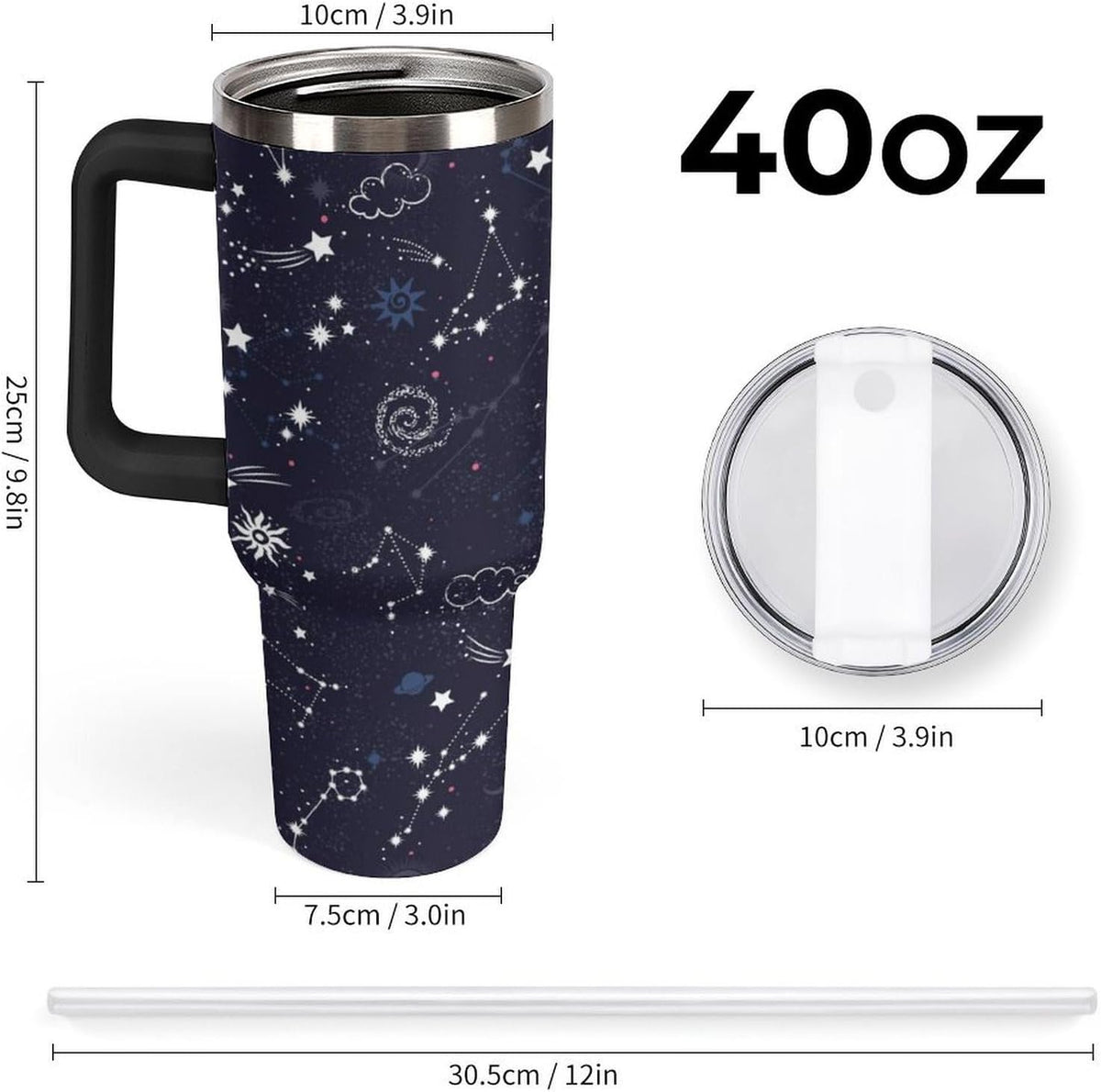 Space Constellation 304 Stainless Steel Double Wall Insulated Tumbler with Leakproof Slide Lid and Straw Large Capacity Travel Mug Black-Space Constellation
