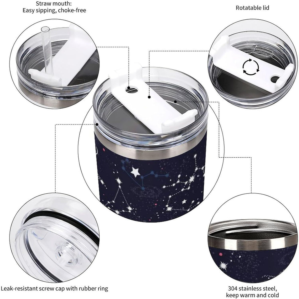 Space Constellation 304 Stainless Steel Double Wall Insulated Tumbler with Leakproof Slide Lid and Straw Large Capacity Travel Mug Black-Space Constellation