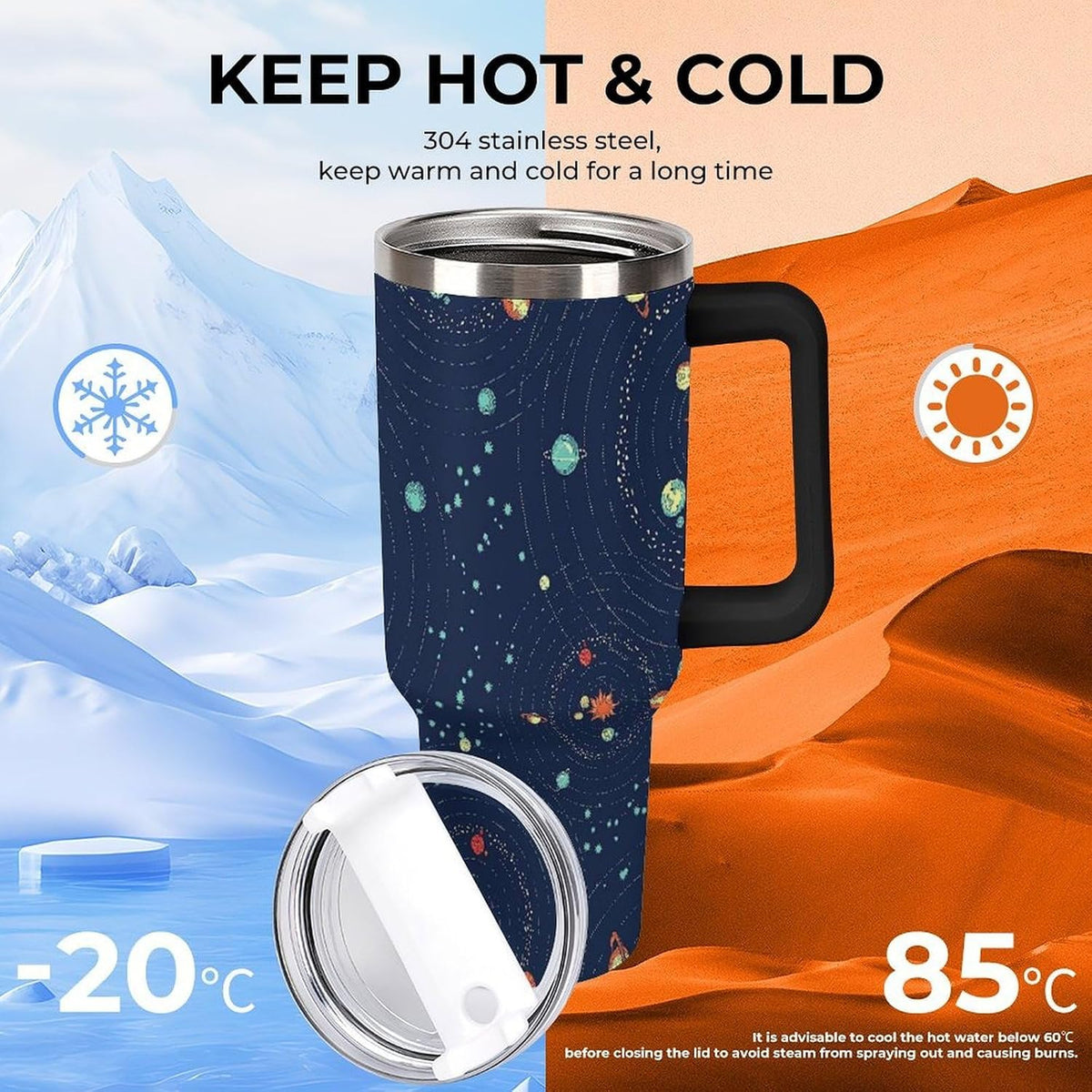 Space Constellation 304 Stainless Steel Double Wall Insulated Tumbler with Leakproof Slide Lid and Straw Large Capacity Travel Mug Black-Space Constellation
