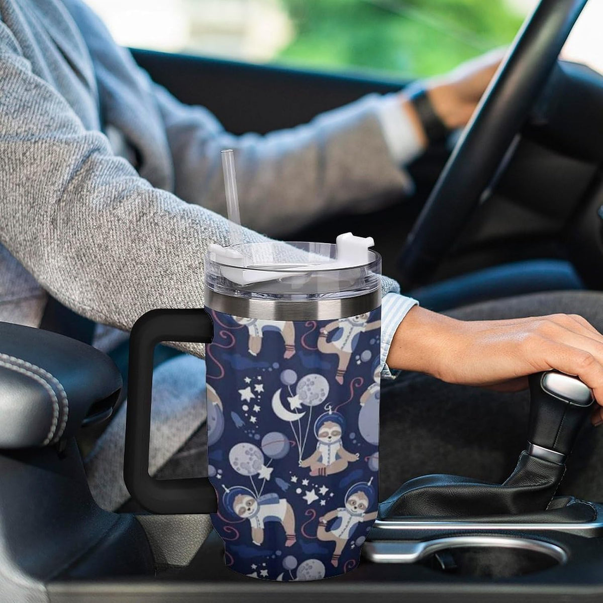 Space Constellation 304 Stainless Steel Double Wall Insulated Tumbler with Leakproof Slide Lid and Straw Large Capacity Travel Mug Black-Space Constellation