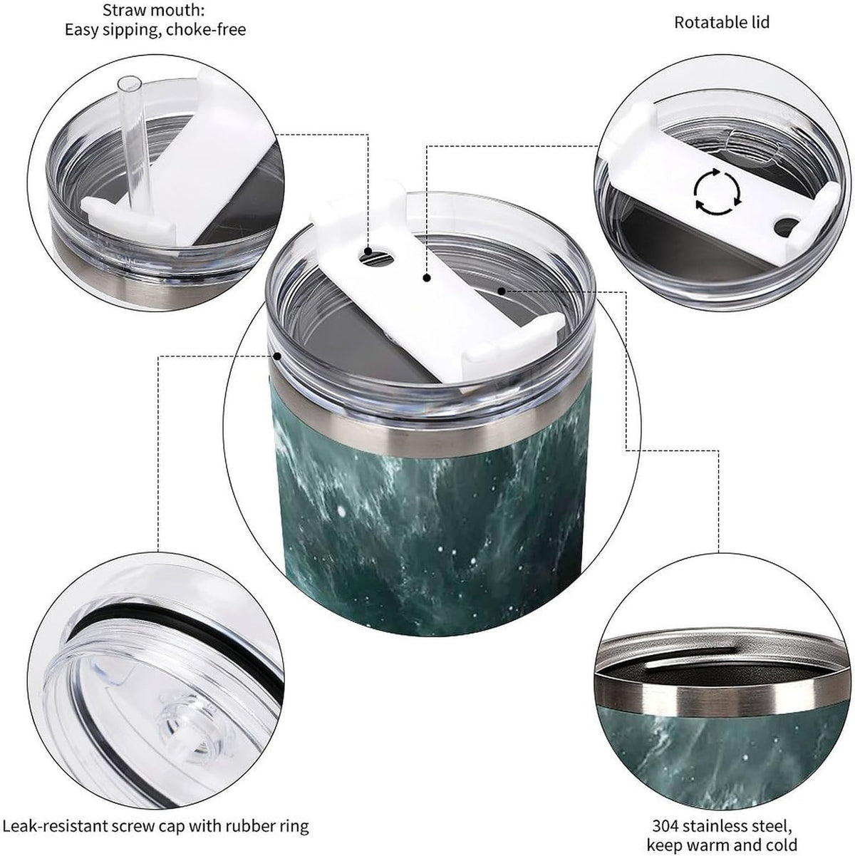 Space Constellation 304 Stainless Steel Double Wall Insulated Tumbler with Leakproof Slide Lid and Straw Large Capacity Travel Mug Black-Space Constellation