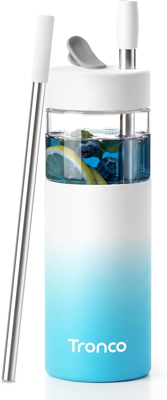 24 oz Glass Tumbler with Lid and Straws, Leakproof Iced Coffee Cups