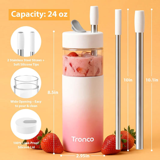 24 oz Glass Tumbler with Lid and Straws, Leakproof Iced Coffee Cups