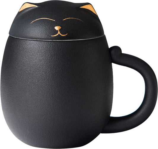 Black Cat Ceramic Tea Mug 13.5oz with Infuser and Lid, Black