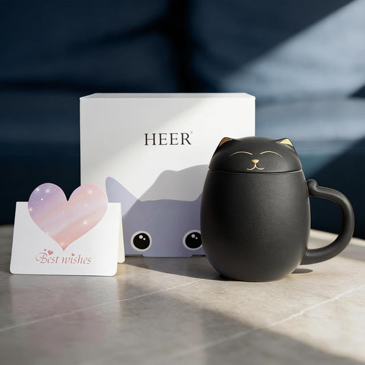 Black Cat Ceramic Tea Mug 13.5oz with Infuser and Lid, Black