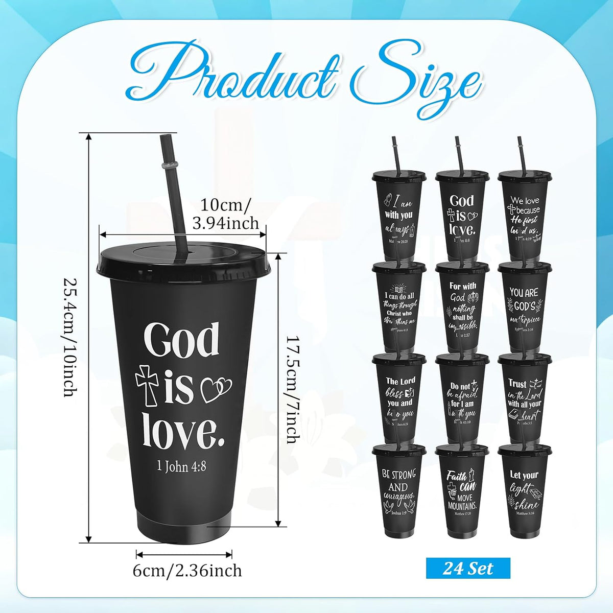 24 Pack Christian Tumblers with Lids and Straws, 24 oz Bible Verse Cups Bulk, Reusable Plastic Cups with Scripture, Religious Gifts Bulk for Church Events, Baptism, Bible Faith Celebrations