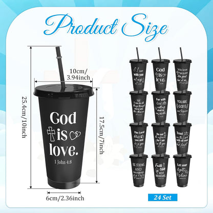 24 Pack Christian Tumblers with Lids and Straws, 24 oz Bible Verse Cups Bulk, Reusable Plastic Cups with Scripture, Religious Gifts Bulk for Church Events, Baptism, Bible Faith Celebrations