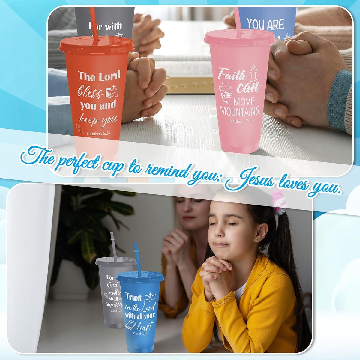 24 Pack Christian Tumblers with Lids and Straws, 24 oz Bible Verse Cups Bulk, Reusable Plastic Cups with Scripture, Religious Gifts Bulk for Church Events, Baptism, Bible Faith Celebrations