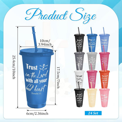24 Pack Christian Tumblers with Lids and Straws, 24 oz Bible Verse Cups Bulk, Reusable Plastic Cups with Scripture, Religious Gifts Bulk for Church Events, Baptism, Bible Faith Celebrations