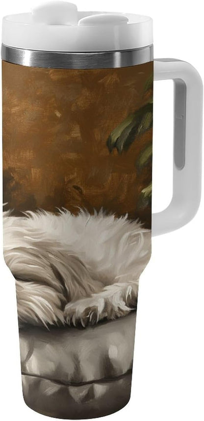 Sleeping Puppy Pillow Tumbler Insulated Travel Coffee Mug Car Cup Stainless Steel with Lid Handle Straw 40OZ