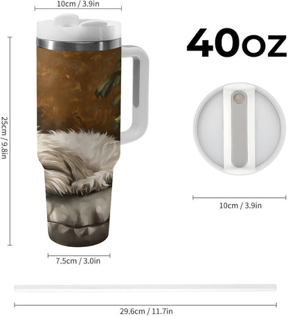 Sleeping Puppy Pillow Tumbler Insulated Travel Coffee Mug Car Cup Stainless Steel with Lid Handle Straw 40OZ