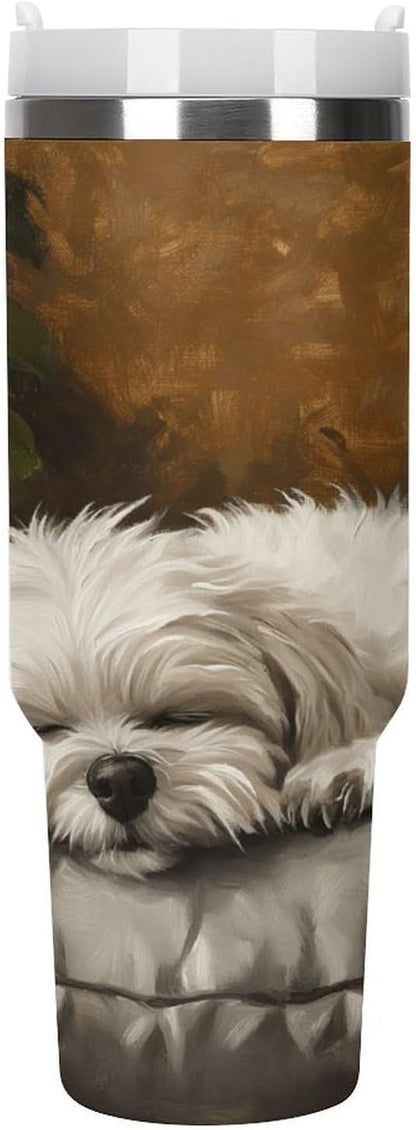 Sleeping Puppy Pillow Tumbler Insulated Travel Coffee Mug Car Cup Stainless Steel with Lid Handle Straw 40OZ