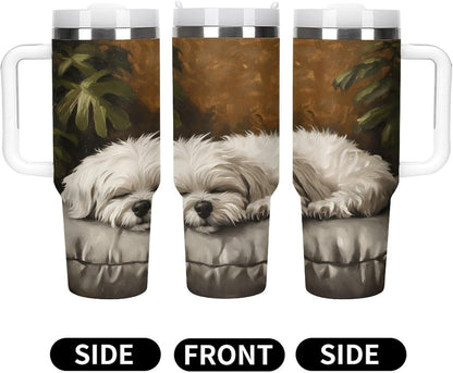 Sleeping Puppy Pillow Tumbler Insulated Travel Coffee Mug Car Cup Stainless Steel with Lid Handle Straw 40OZ