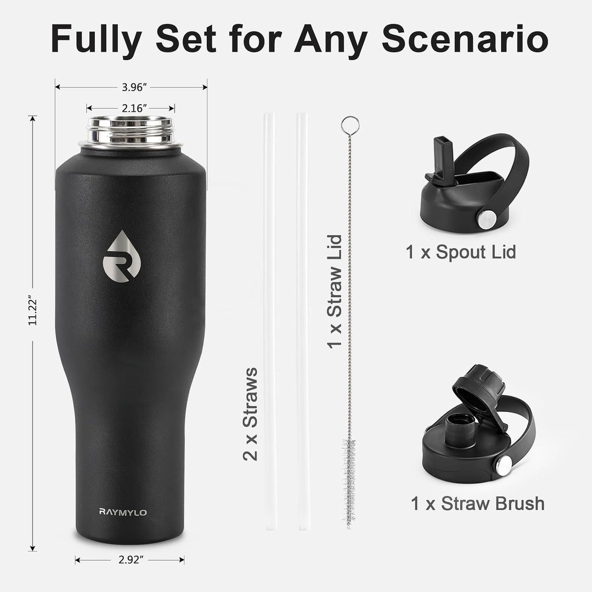 40 oz Insulated Water Bottle with Straw, Fit in Car Cup Holder