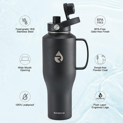 40 oz Insulated Water Bottle with Straw, Fit in Car Cup Holder