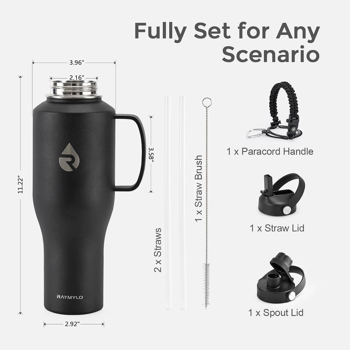 40 oz Insulated Water Bottle with Straw, Fit in Car Cup Holder