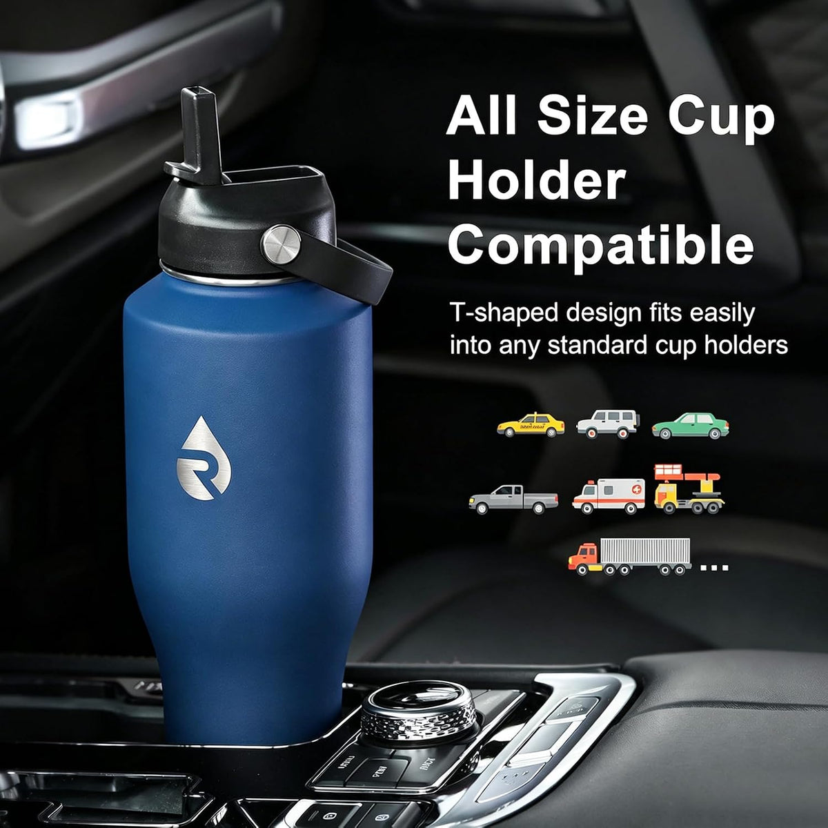 40 oz Insulated Water Bottle with Straw, Fit in Car Cup Holder