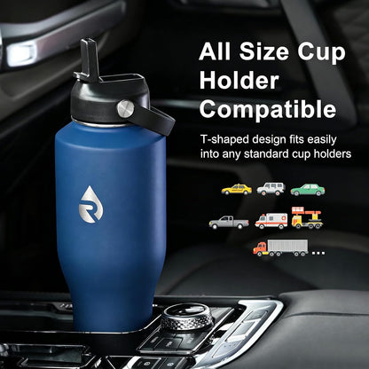 40 oz Insulated Water Bottle with Straw, Fit in Car Cup Holder