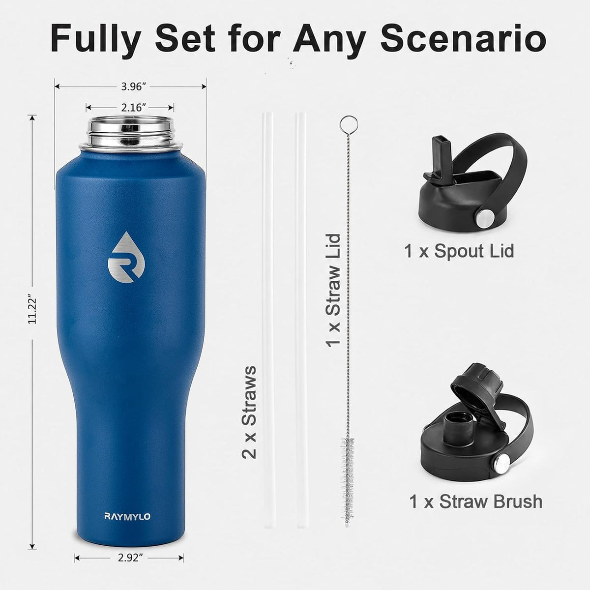 40 oz Insulated Water Bottle with Straw, Fit in Car Cup Holder