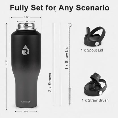 40 oz Insulated Water Bottle with Straw, Fit in Car Cup Holder