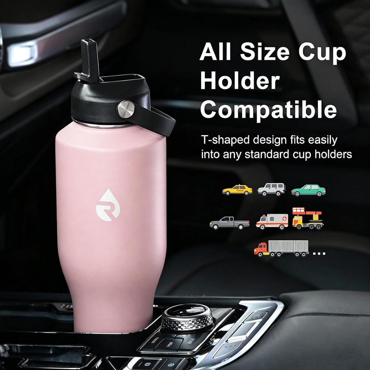 40 oz Insulated Water Bottle with Straw, Fit in Car Cup Holder