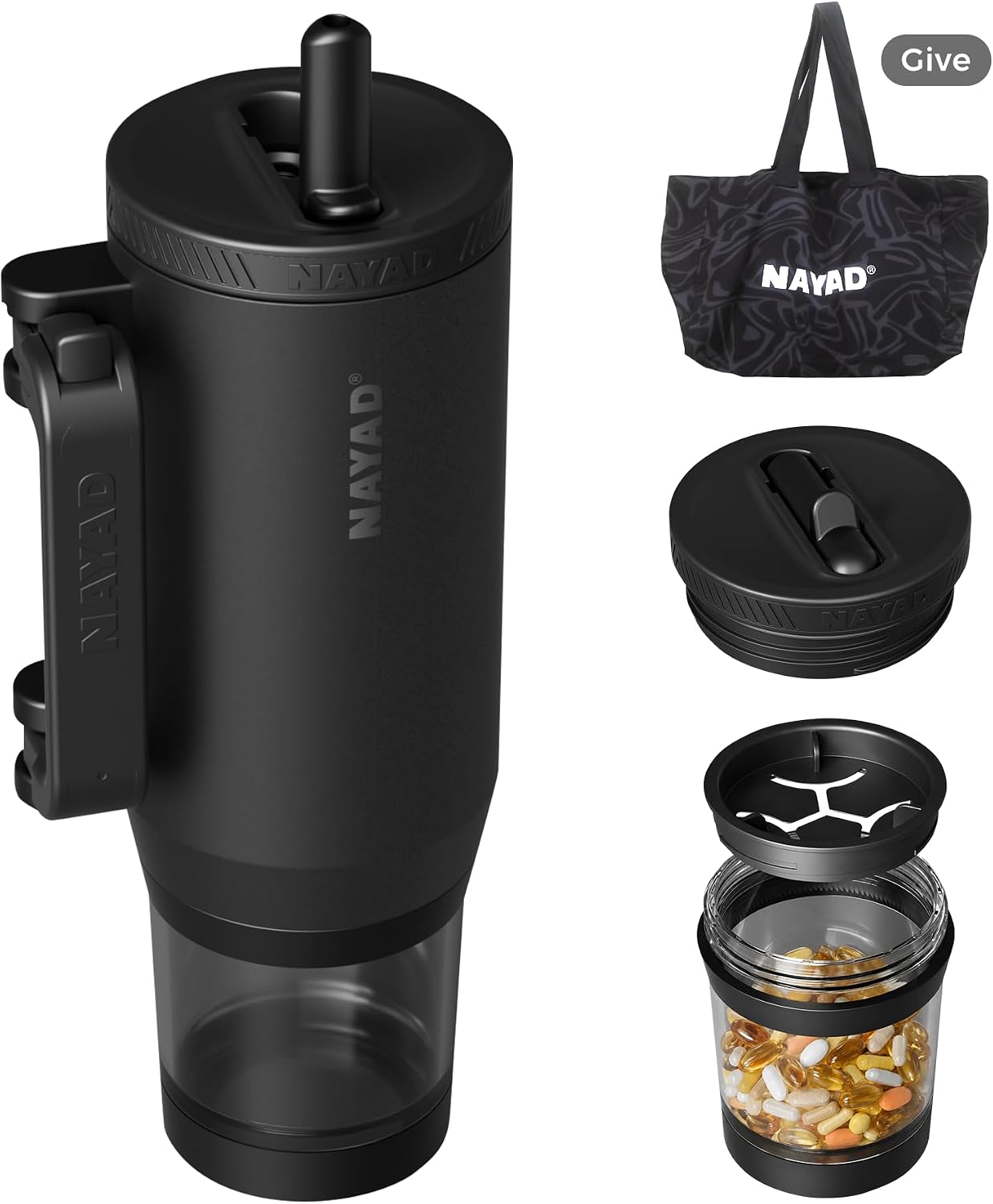 23oz Insulated Tumbler with Foldable Handle & 10ozDetachable Snack/Pill Box | Daul Lids tumbler+10oz container for snacks, supplements, pills, earbuds, powder. Ideal gym office travel hiking(black）