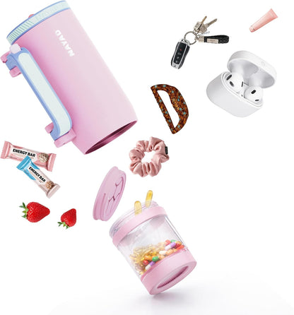 23oz Insulated Tumbler with Foldable Handle & 10ozDetachable Snack/Pill Box | Daul Lids tumbler+10oz container for snacks, supplements, pills, earbuds, powder. Ideal gym office travel hiking(black）