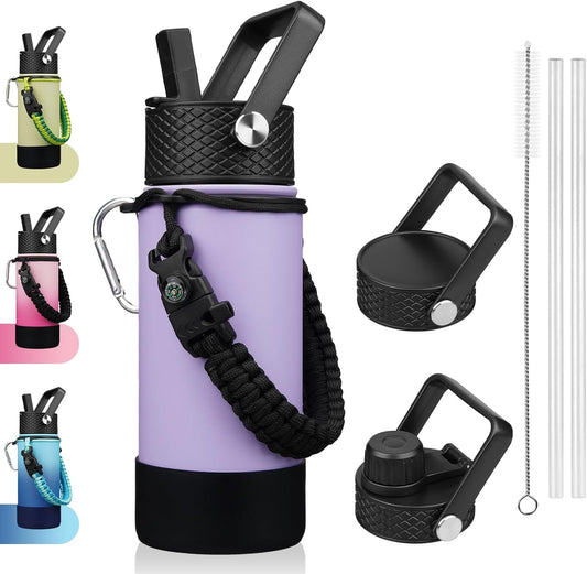 18oz Insulated Water Bottle with 3 Lids, Straw Lid & Handle