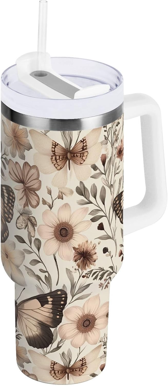 Pink Rose Floral Roses 30 oz Tumbler with Handle and Straw Lid, Insulated Stainless Steel Water Bottle Portable Travel Coffee Tea Mug Cup