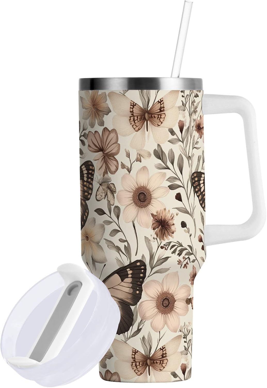 Pink Rose Floral Roses 30 oz Tumbler with Handle and Straw Lid, Insulated Stainless Steel Water Bottle Portable Travel Coffee Tea Mug Cup