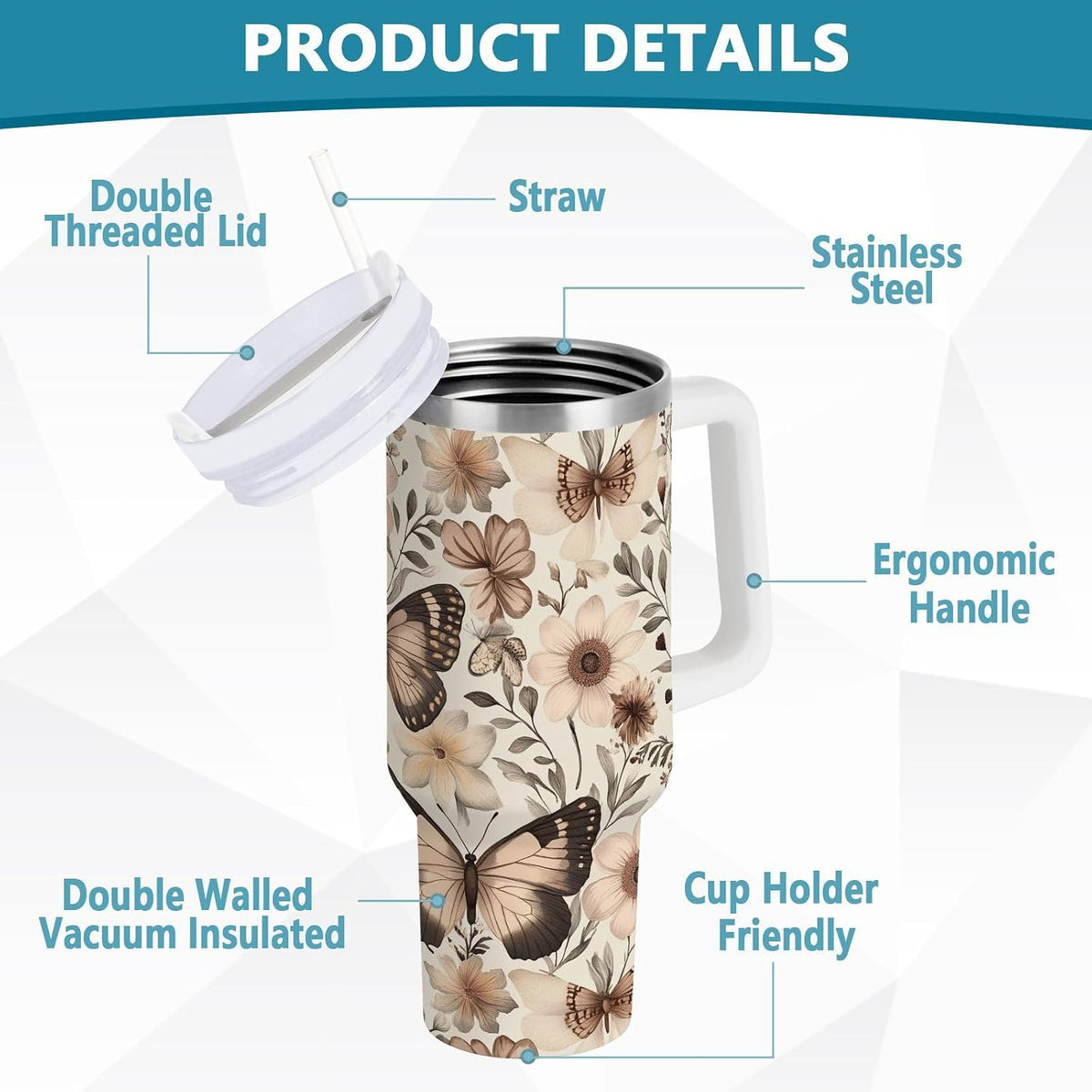 Pink Rose Floral Roses 30 oz Tumbler with Handle and Straw Lid, Insulated Stainless Steel Water Bottle Portable Travel Coffee Tea Mug Cup