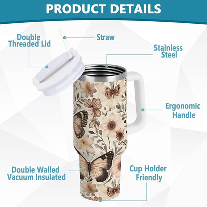 Pink Rose Floral Roses 30 oz Tumbler with Handle and Straw Lid, Insulated Stainless Steel Water Bottle Portable Travel Coffee Tea Mug Cup