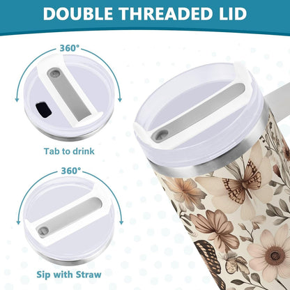 Pink Rose Floral Roses 30 oz Tumbler with Handle and Straw Lid, Insulated Stainless Steel Water Bottle Portable Travel Coffee Tea Mug Cup