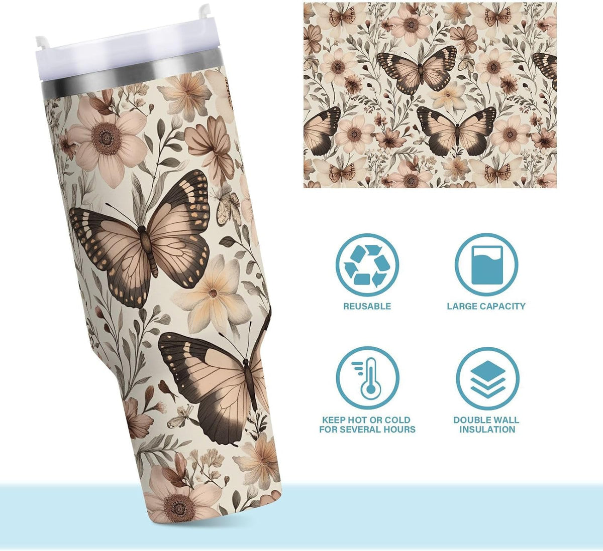 Pink Rose Floral Roses 30 oz Tumbler with Handle and Straw Lid, Insulated Stainless Steel Water Bottle Portable Travel Coffee Tea Mug Cup
