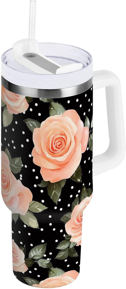 Pink Rose Floral Roses 30 oz Tumbler with Handle and Straw Lid, Insulated Stainless Steel Water Bottle Portable Travel Coffee Tea Mug Cup