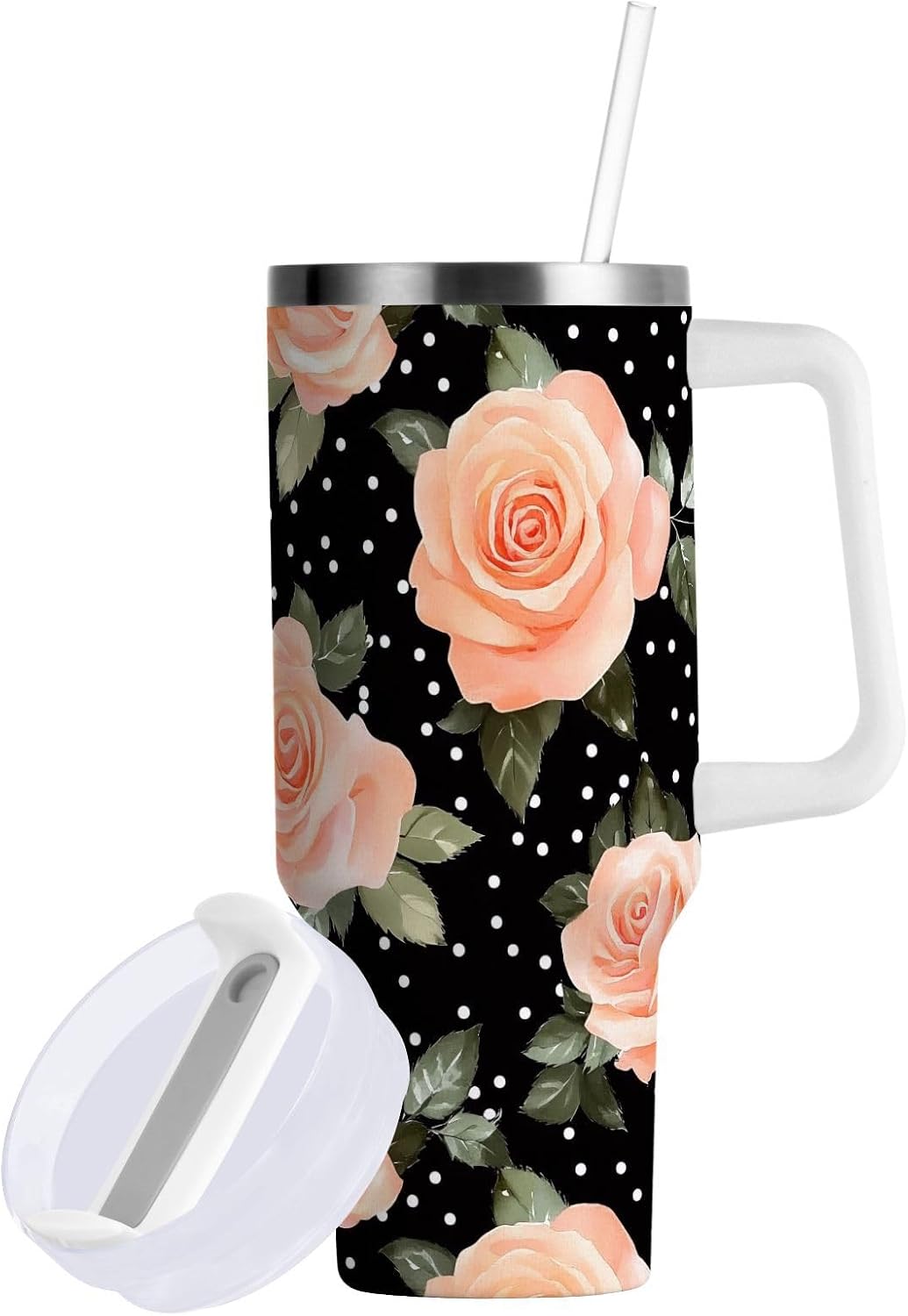Pink Rose Floral Roses 30 oz Tumbler with Handle and Straw Lid, Insulated Stainless Steel Water Bottle Portable Travel Coffee Tea Mug Cup