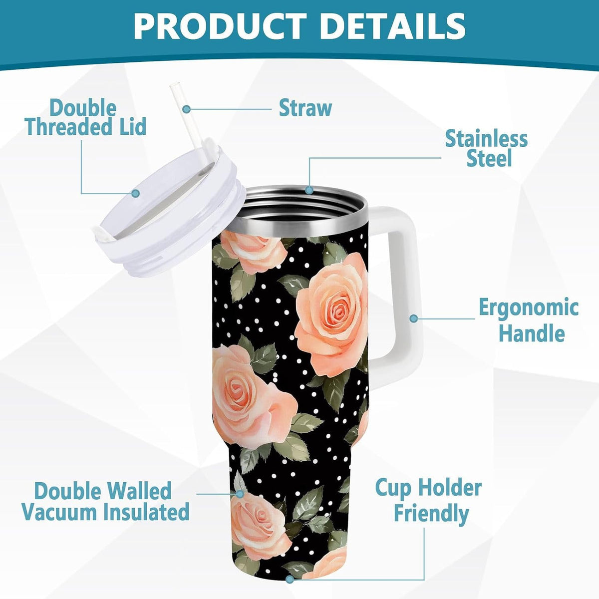 Pink Rose Floral Roses 30 oz Tumbler with Handle and Straw Lid, Insulated Stainless Steel Water Bottle Portable Travel Coffee Tea Mug Cup