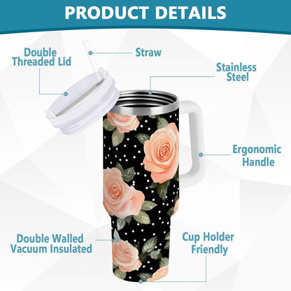 Pink Rose Floral Roses 30 oz Tumbler with Handle and Straw Lid, Insulated Stainless Steel Water Bottle Portable Travel Coffee Tea Mug Cup
