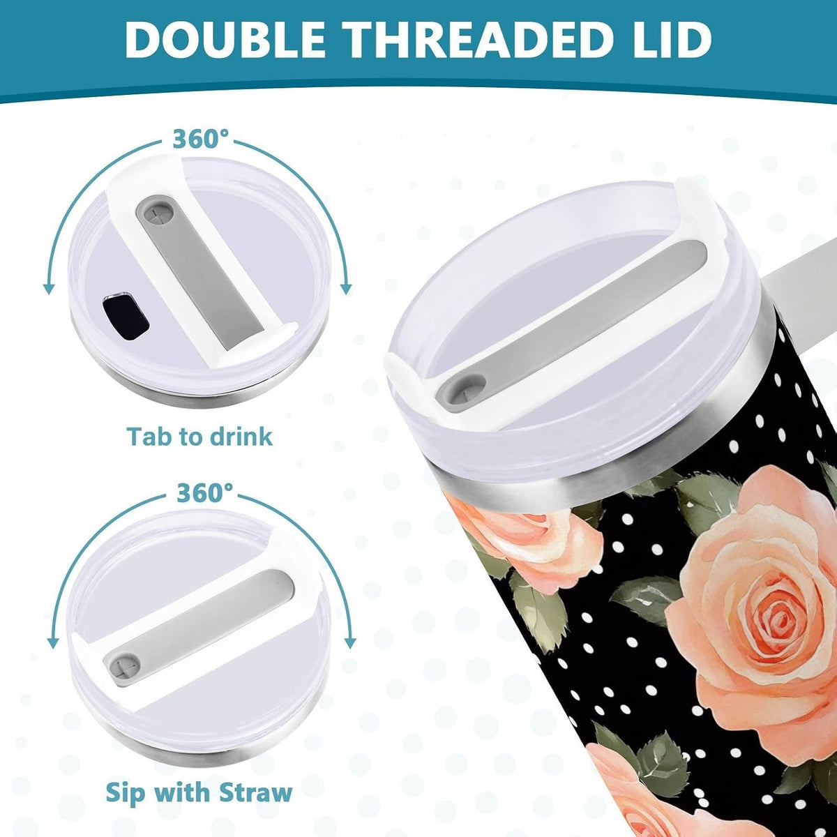 Pink Rose Floral Roses 30 oz Tumbler with Handle and Straw Lid, Insulated Stainless Steel Water Bottle Portable Travel Coffee Tea Mug Cup