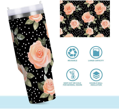 Pink Rose Floral Roses 30 oz Tumbler with Handle and Straw Lid, Insulated Stainless Steel Water Bottle Portable Travel Coffee Tea Mug Cup