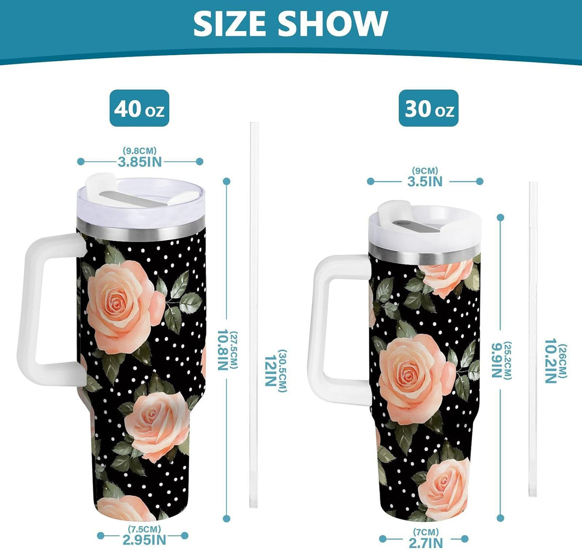 Pink Rose Floral Roses 30 oz Tumbler with Handle and Straw Lid, Insulated Stainless Steel Water Bottle Portable Travel Coffee Tea Mug Cup