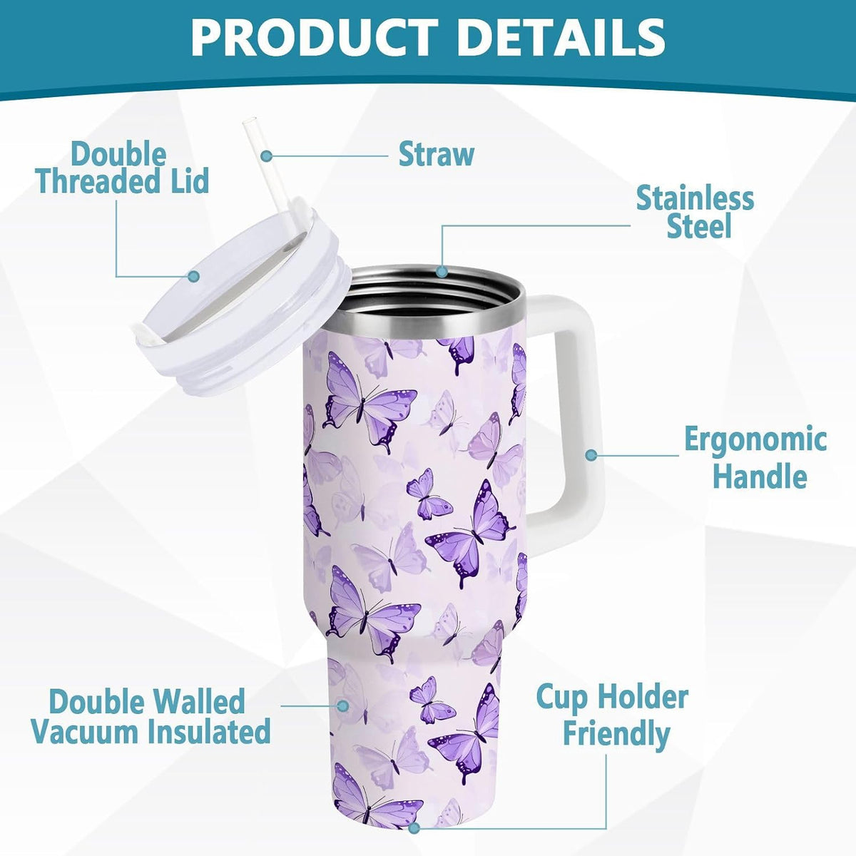 Pink Rose Floral Roses 30 oz Tumbler with Handle and Straw Lid, Insulated Stainless Steel Water Bottle Portable Travel Coffee Tea Mug Cup